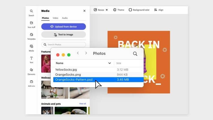 Media tab open and the clicker selects a Photoshop file to upload from device || edit-photoshop-and-illustrator-files_step1_900x506.jpg