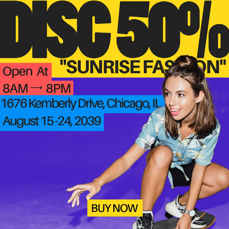 A Facebook social media marketing ad for a 50% discount on Sunrise Fashion with store information and a person skateboarding