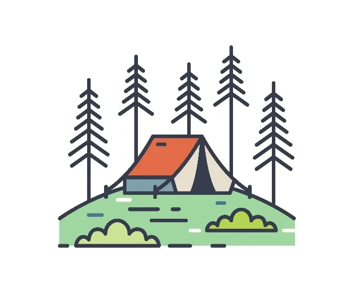 Einfaches, bildliches Logo von einem Zelt in dem Wald.  