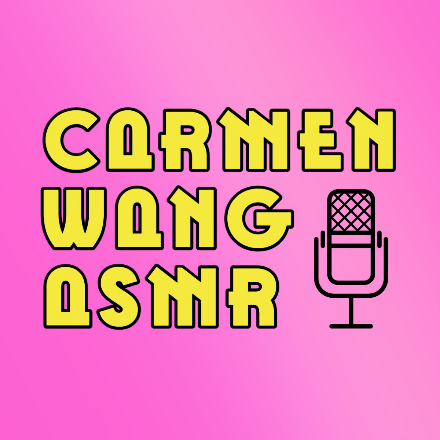 "Carmen Wang ASMR" YouTube logo written in yellow against a pink background with an icon of a microphone