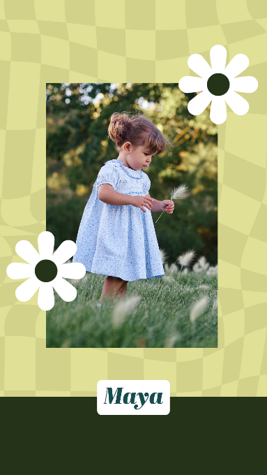A picture of a young child in a dress against a sage green background with two flower icons and the text "Maya"