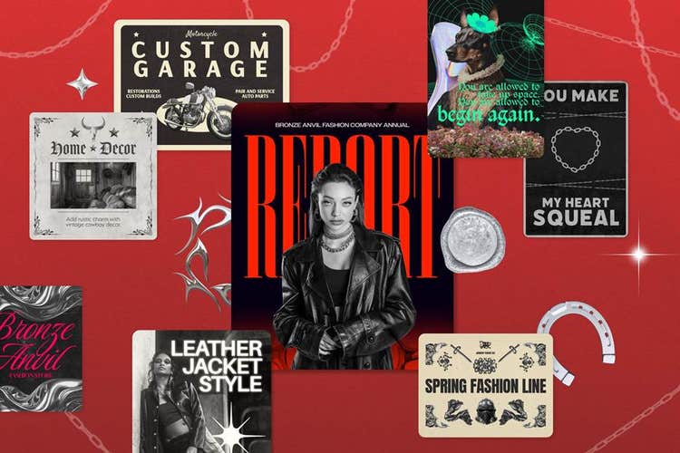 templates from Adobe Express representing the chrome and fringe creative trend on a red background