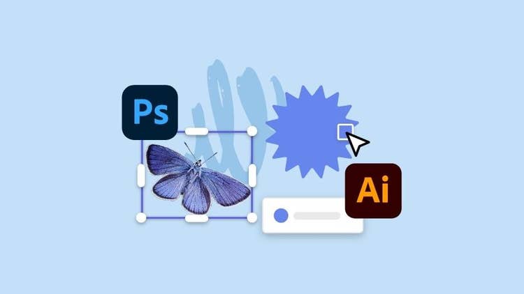 A butterfly on a blue background with the Adobe Photoshop and Illustrator logos || edit-photoshop-and-illustrator-files_intro-image_900x506.jpg