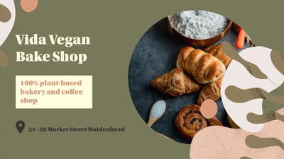 A YouTube social media marketing ad for Vida Vegan Bake Shop with the store location and an aerial image of pastries