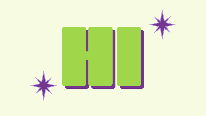 "Hi" in sage green with purple accents and sparkles against a sage green background