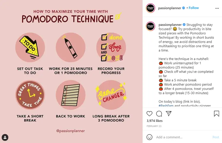 Instagram engagement: screenshot of Pomodoro Technique by passionplanner on Instagram