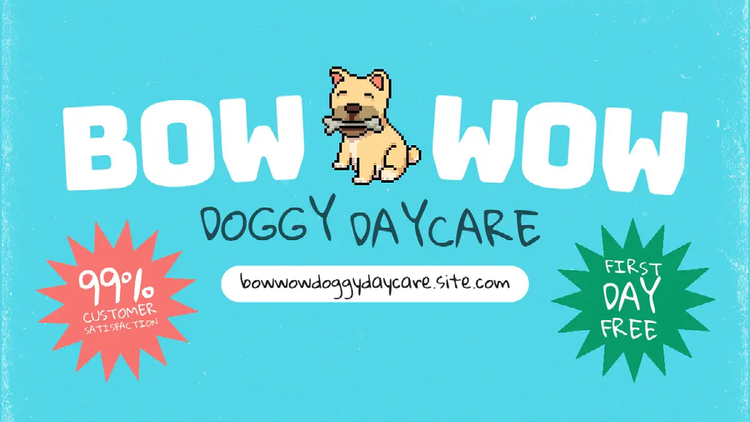 A YouTube social media marketing ad for Bow Wow Doggy Daycare with the website information and a icon of a dog with a bone