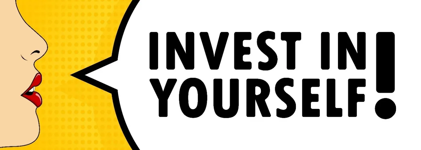 Slogan in einer Sprechblase mit Text „Invest in Yourself!“.  