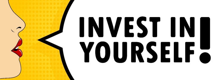 Slogan in einer Sprechblase mit Text „Invest in Yourself!“.