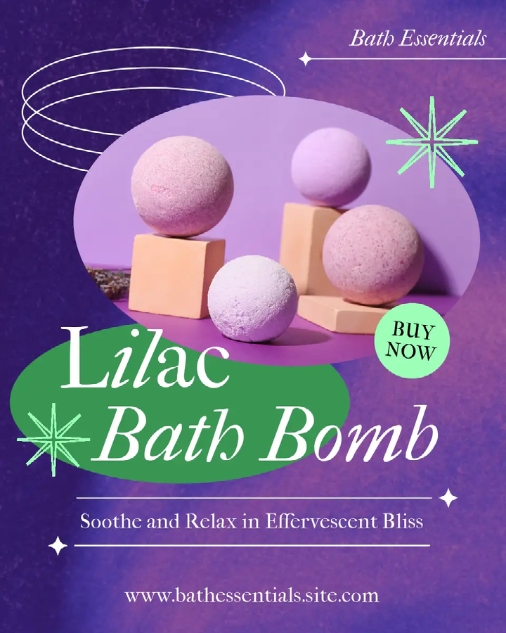An Instagram social media marketing ad for lilac bath bombs with images of purple bath bombs against a purple gradient background