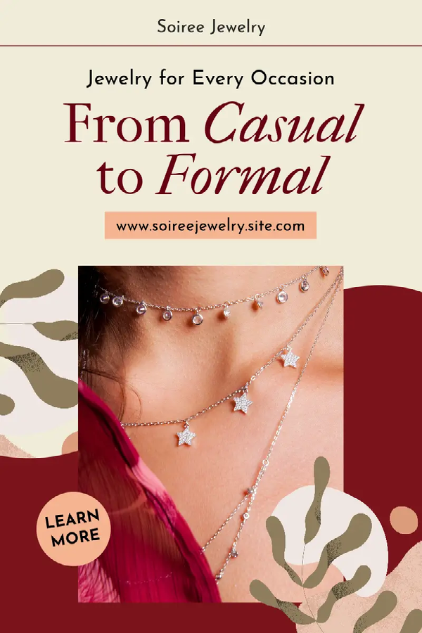 A Pinterest social media marketing ad for Soiree Jewelry with a close up image of stacked silver necklaces and website information