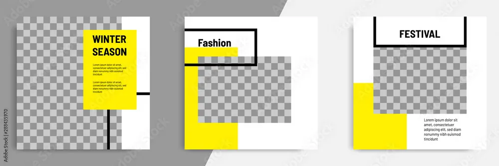 Minimal layout square banner in black yellow frame color. Editable geometric banner template for social media post, stories, story, flyer. 