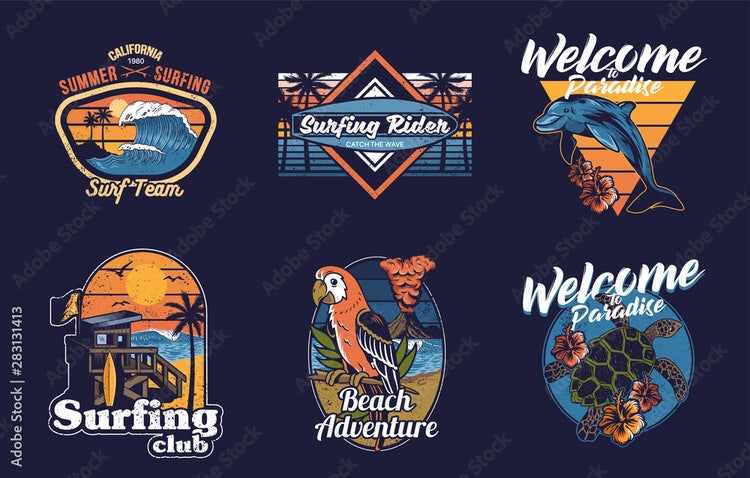 Sechs Designs für Retro-Logos mit dem Thema „Surfen“.