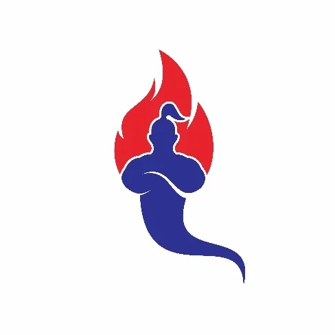 Einfaches Maskottchen-Logo von einem Dschinn und einer Flamme im Hintergrund. 