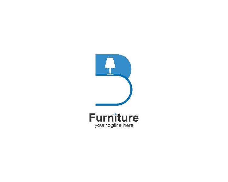 Blaues Logo für eine Möbelfirma, das Bild und Text kombiniert.