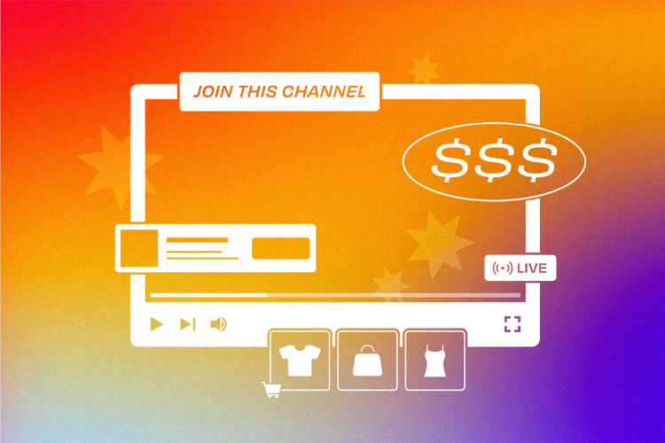 A graphic of a YouTube video screen with dollar signs, various merchandise options, and a "join this channel" banner