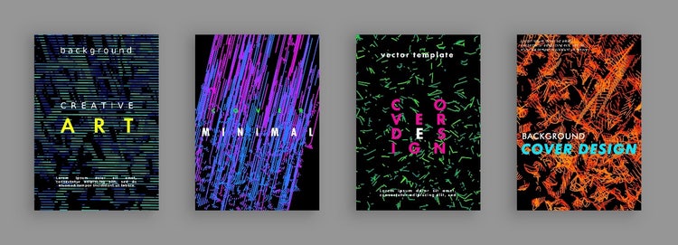 Vier Beispiele von abstrakten Logos und verschiedenen Texteffekten.