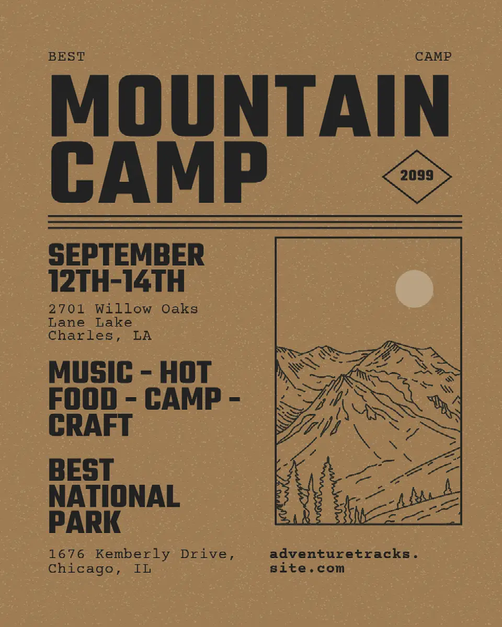 An Instagram social media marketing ad for Mountain Camp with relevant event information and a graphic of mountains