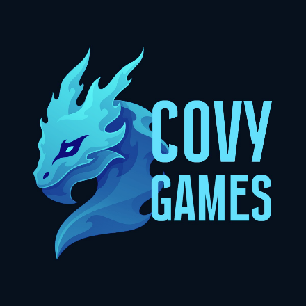 "Covy Games" YouTube logo written in blue against a black background with an icon of a blue flaming dragon
