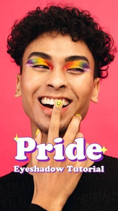 A TikTok of a pride eyeshadow tutorial with a person smiling with rainbow eyeshadow against a pink background