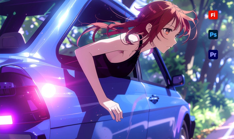Die digitale Illustration einer Frau, die sich aus einem Auto auf einer bewaldeten Straße lehnt, im Anime-Stil, angezeigt hinter Symbolen für Adobe-Programme wie Photoshop und Premiere.