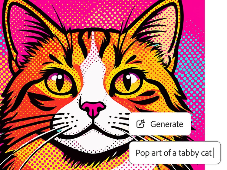 Comic-Bild einer orangefarbenen Katze vor rosa Hintergrund mit der Schaltfläche „Generieren“ und dem Text-Prompt „Pop-Art einer Katze mit Tabby-Muster“.
