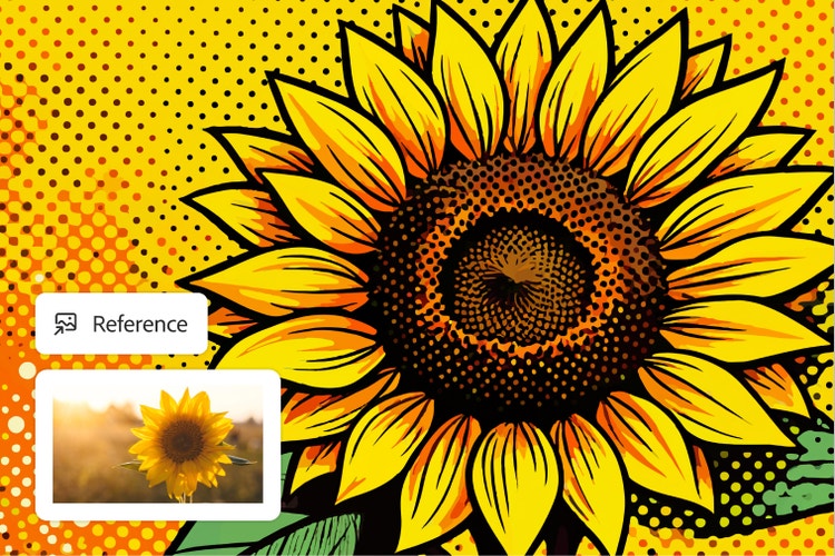 Comic-Illustration einer Sonnenblume mit der Schaltfläche zum Hochladen von Referenzbildern und dem Referenzfoto einer Sonnenblume.