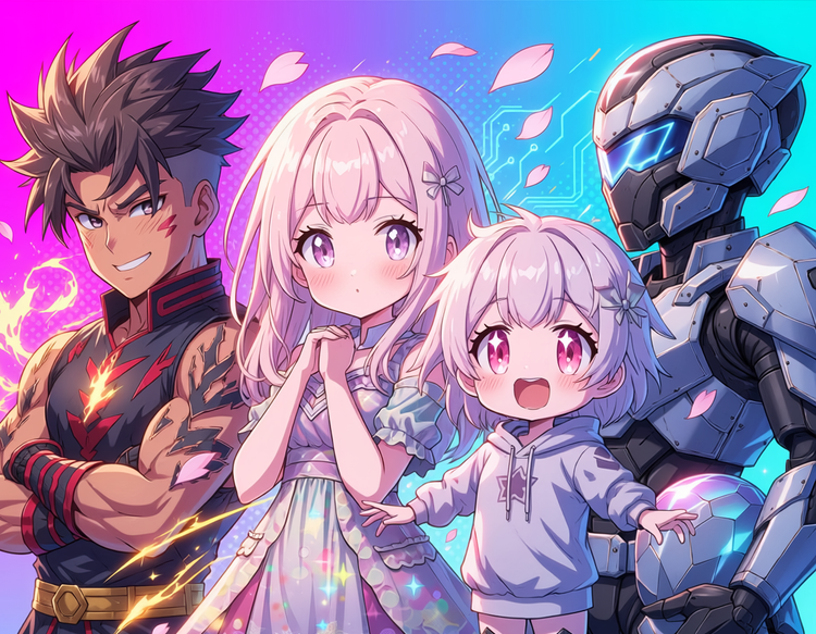 Verschiedene Anime-Charaktere gemeinsam positioniert