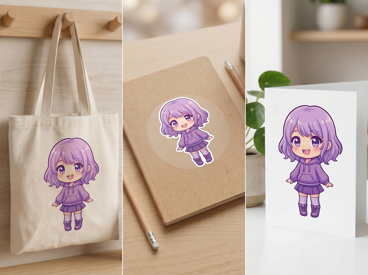 Anime-Charakter auf Stofftasche, Notizbuch und Grußkarte dargestellt