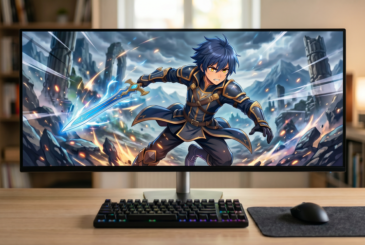 Gepanzerter Charakter auf Desktop-Bildschirm rennt durch eine Schlacht