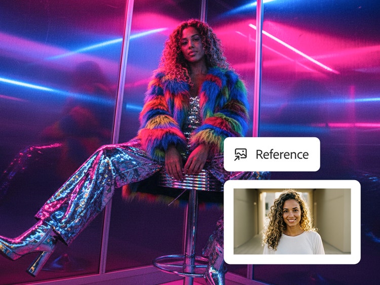KI-generierte Frau in einem mehrfarbigen Mantel und glänzender Hose in einem neonbeleuchteten Club mit eingefügtem Referenzbild derselben Frau in einem weißen Shirt