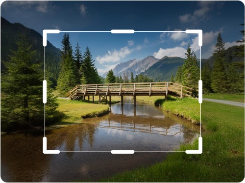 Darstellung einer malerischen Waldbrücke mit Bergen am Horizont, die das Potenzial generativer KI in Photoshop veranschaulicht
