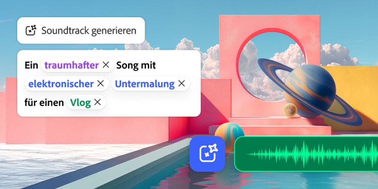 Oberfläche zum Generieren von Musik mit Optionen für verschiedene Musikstile und der Visualisierung einer Wellenform vor einem Hintergrund mit bunten Architekturelementen