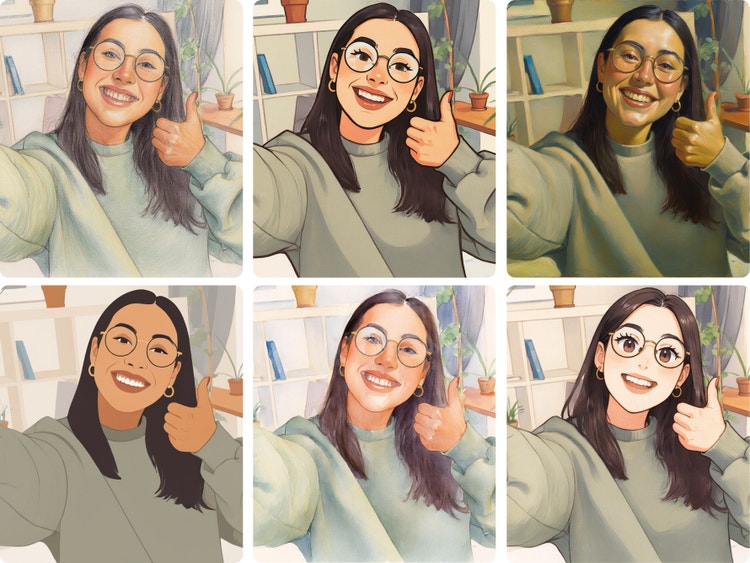 Sechs stilisierte Variationen derselben lächelnden Frau mit Brille, die einen Daumen nach oben zeigt – von sanftem Aquarell und realistischer Illustration bis hin zu kräftigem Cartoon- und Anime-Stil.