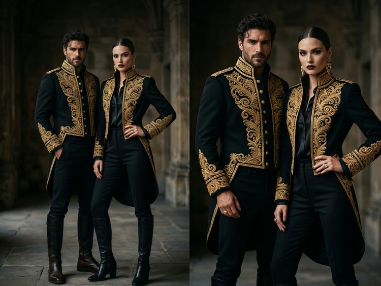 Zwei Models tragen aufeinander abgestimmte schwarze Outfits mit kunstvollen goldenen Stickereien in einem dramatischen, redaktionellen Modeumfeld.