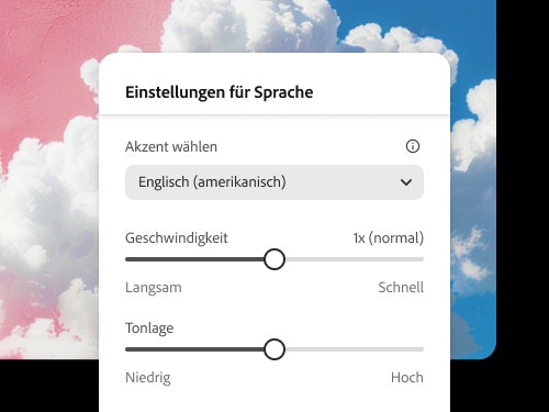 Menü mit Spracheinstellungen, in denen US-amerikanisches Englisch, ein normales Sprechtempo und eine mittlere Stimmlage ausgewählt sind. Im Hintergrund ist ein rosa und blauer Himmel mit Wolken zu sehen.
