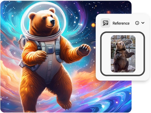 Abbildung zur Veranschaulichung der KI-gestützten Bildtransformation: rechts ein kleines Foto von einem Bären, links daneben das größere, farbige Bild eines Bären im Raumanzug, der durch das All schwebt