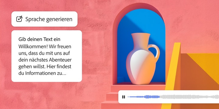 Digitale Schnittstelle zum Generieren von Sprache mit einem Textfeld mit Begrüßung, dem Icon „Sprache generieren“ und einer Audio-Wellenform unter der Illustration einer weißen Vase in einer blauen Bogennische