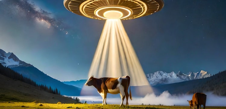 Ein UFO schwebt über einer Kuh auf einer Weide. Vergleich der KI-Bildgenerierung in Firefly und Nightcafe.