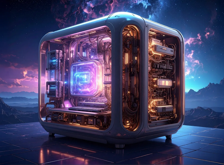 Ein surreales Bild eines leuchtenden PCs mit transparentem Gehäuse vor einer Bergkulisse und sternenklarem Himmel, erstellt mit generativer KI.