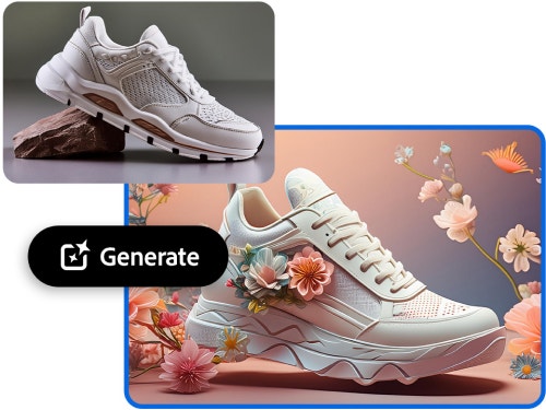 Ein KI-generiertes Vorher-Nachher-Bild in Photoshop mit einem einfachen Sneaker links und einem mit Blumenmuster verzierten Sneaker vor einem rosa-mattblauen Hintergrund mit weiteren Blumenakzenten rechts