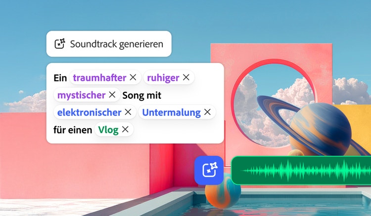 Oberfläche zum Generieren von Musik mit Optionen für verschiedene Musikstile und der Visualisierung einer Wellenform vor einem Hintergrund mit bunten Architekturelementen