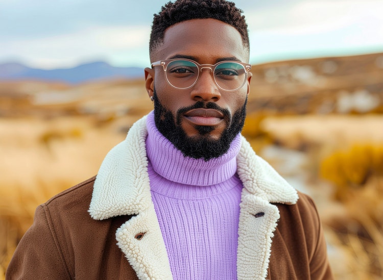 Porträtfoto eines Mannes mit Brille, lila Rollkragenpullover und Lammfelljacke; er steht vor einem unscharfen Berghintergrund.