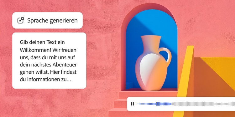 Digitale Schnittstelle zum Generieren von Sprache mit einem Textfeld mit Begrüßung, dem Icon „Sprache generieren“ und einer Audio-Wellenform unter der Illustration einer weißen Vase in einer blauen Bogennische