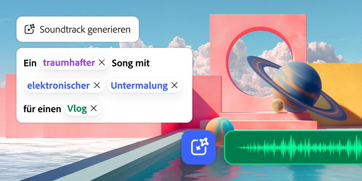 Oberfläche zum Generieren von Musik mit Optionen für verschiedene Musikstile und der Visualisierung einer Wellenform vor einem Hintergrund mit bunten Architekturelementen