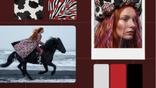 Una mujer vestida con estampado de cebra sobre un caballo, incluida en un tablero de tendencias de moda con una gama de colores, estilos y texturas