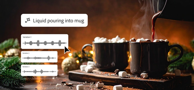 Firefly-Oberfläche mit KI-generierten Sound-Effekten für den Prompt „Flüssigkeit, die in eine Tasse gegossen wird“ – vor einer gemütlichen Winterszene mit dampfenden Tassen heißer Schokolade