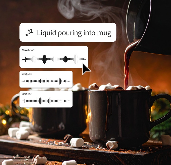 Firefly-Oberfläche mit KI-generierten Sound-Effekten für den Prompt „Flüssigkeit, die in eine Tasse gegossen wird“ – vor einer gemütlichen Winterszene mit dampfenden Tassen heißer Schokolade