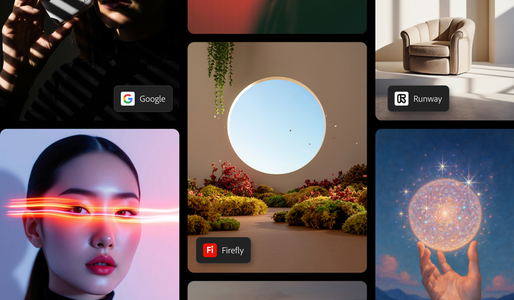 Mit KI bearbeitete Collage mit Partnermodellen für die Bild- und Videogenerierung in Firefly, darunter Google Veo, Runway und Firefly, daneben Bilder einer leuchtenden Kugel und einer malerischen Landschaft.