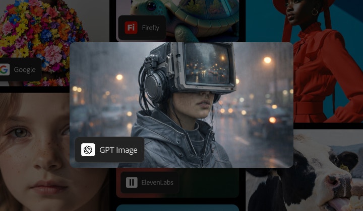 Eine Person auf einer grauen Stadtstraße trägt einen Cyberpunk-Helm mit einem Videobildschirm vor den Augen. Bild generiert mit GPT Image 2 in Firefly.